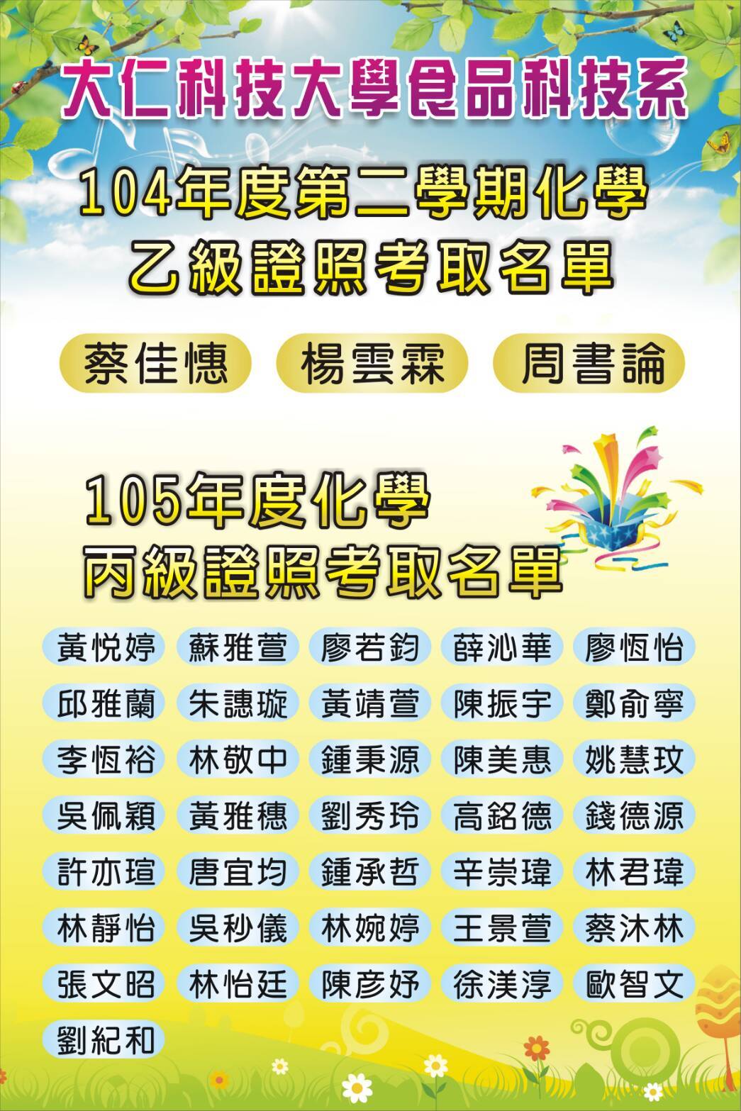 狂賀~105年度食品系學生考取化學乙、丙級技術士