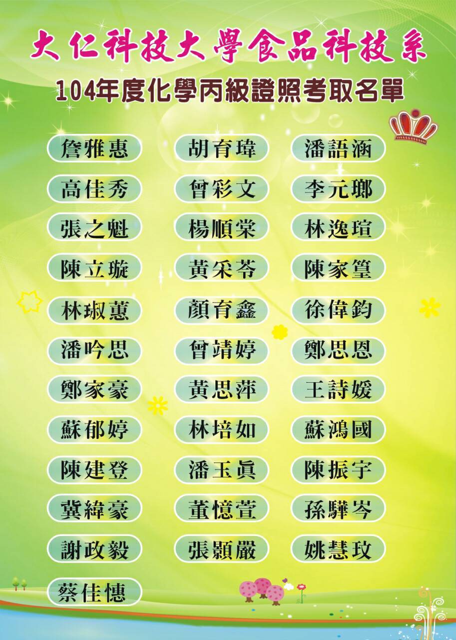 狂賀~104年度食品系學生考取化學丙級技術士